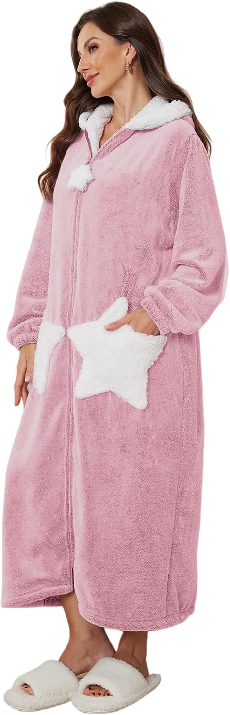 Women's Zip Plush Robe, Star Embroidery Lounge Robe with Pockets