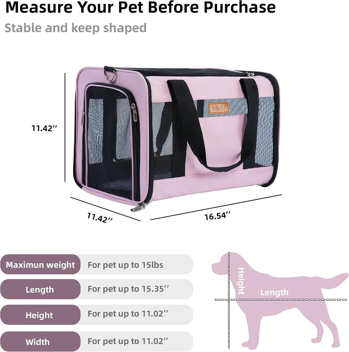 Soft-Sided Cat & Dog Carrier for Pets Up to 15 Lbs, Airline Approved Collapsible Travel Puppy Carrier with Lightweight Fabric Design (Pink)