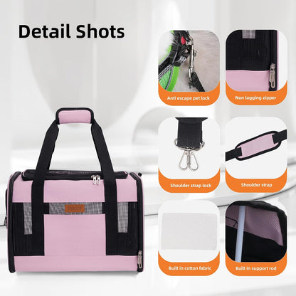Soft-Sided Cat & Dog Carrier for Pets Up to 15 Lbs, Airline Approved Collapsible Travel Puppy Carrier with Lightweight Fabric Design (Pink)