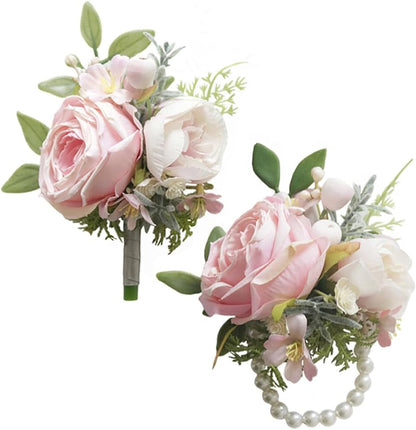 Corsage and Boutonniere Set, Pink, 2 Pieces (W1-22)