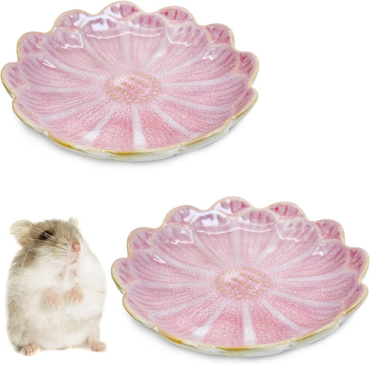 Shallow Ceramic Hamster Food Dish 2 Pcs Small Animals Food Bowl Sunflower Feeding Dishes for Gerbils Mice Rats 4.5in (Pink)
