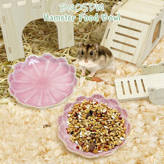 Shallow Ceramic Hamster Food Dish 2 Pcs Small Animals Food Bowl Sunflower Feeding Dishes for Gerbils Mice Rats 4.5in (Pink)