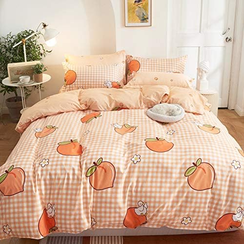 Pink Peaches Duvet Cover Cute Stripes Cartoons Sweet and Freshen Fruit Elements Pattern Quilt Cover Bedding for Women Soft Microfiber Quilt Cover Twin/Full/Queen/King (3/4 PCS) (1,Full—3pcs)