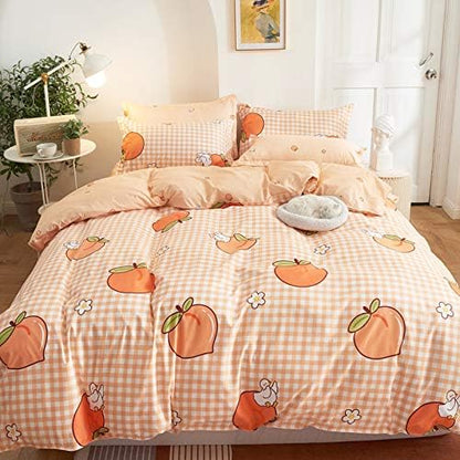 Pink Peaches Duvet Cover Cute Stripes Cartoons Sweet and Freshen Fruit Elements Pattern Quilt Cover Bedding for Women Soft Microfiber Quilt Cover Twin/Full/Queen/King (3/4 PCS) (1,Full—3pcs)