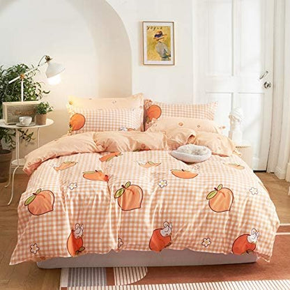 Pink Peaches Duvet Cover Cute Stripes Cartoons Sweet and Freshen Fruit Elements Pattern Quilt Cover Bedding for Women Soft Microfiber Quilt Cover Twin/Full/Queen/King (3/4 PCS) (1,Full—3pcs)
