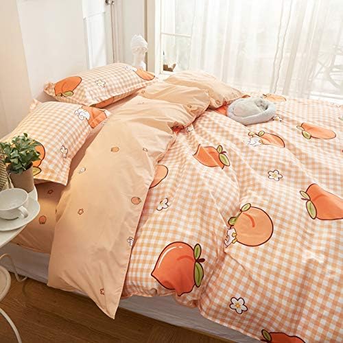 Pink Peaches Duvet Cover Cute Stripes Cartoons Sweet and Freshen Fruit Elements Pattern Quilt Cover Bedding for Women Soft Microfiber Quilt Cover Twin/Full/Queen/King (3/4 PCS) (1,Full—3pcs)