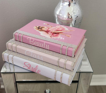 Coffee Table Book Stack (Set of 3). Glam Book Stack. Light Pink, Pink & White Books. Makeup Room Decor