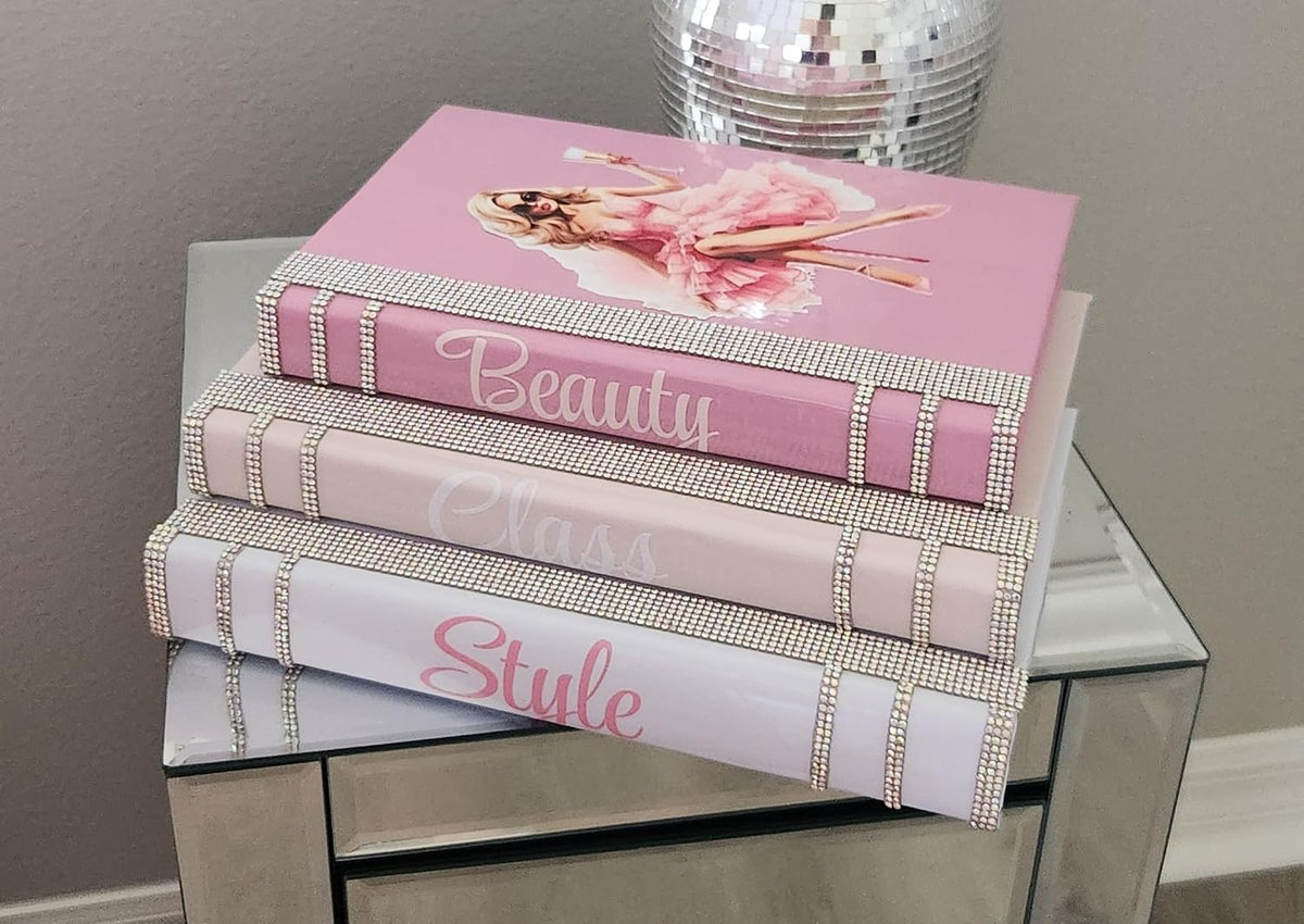 Coffee Table Book Stack (Set of 3). Glam Book Stack. Light Pink, Pink & White Books. Makeup Room Decor