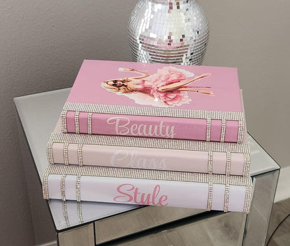 Coffee Table Book Stack (Set of 3). Glam Book Stack. Light Pink, Pink & White Books. Makeup Room Decor