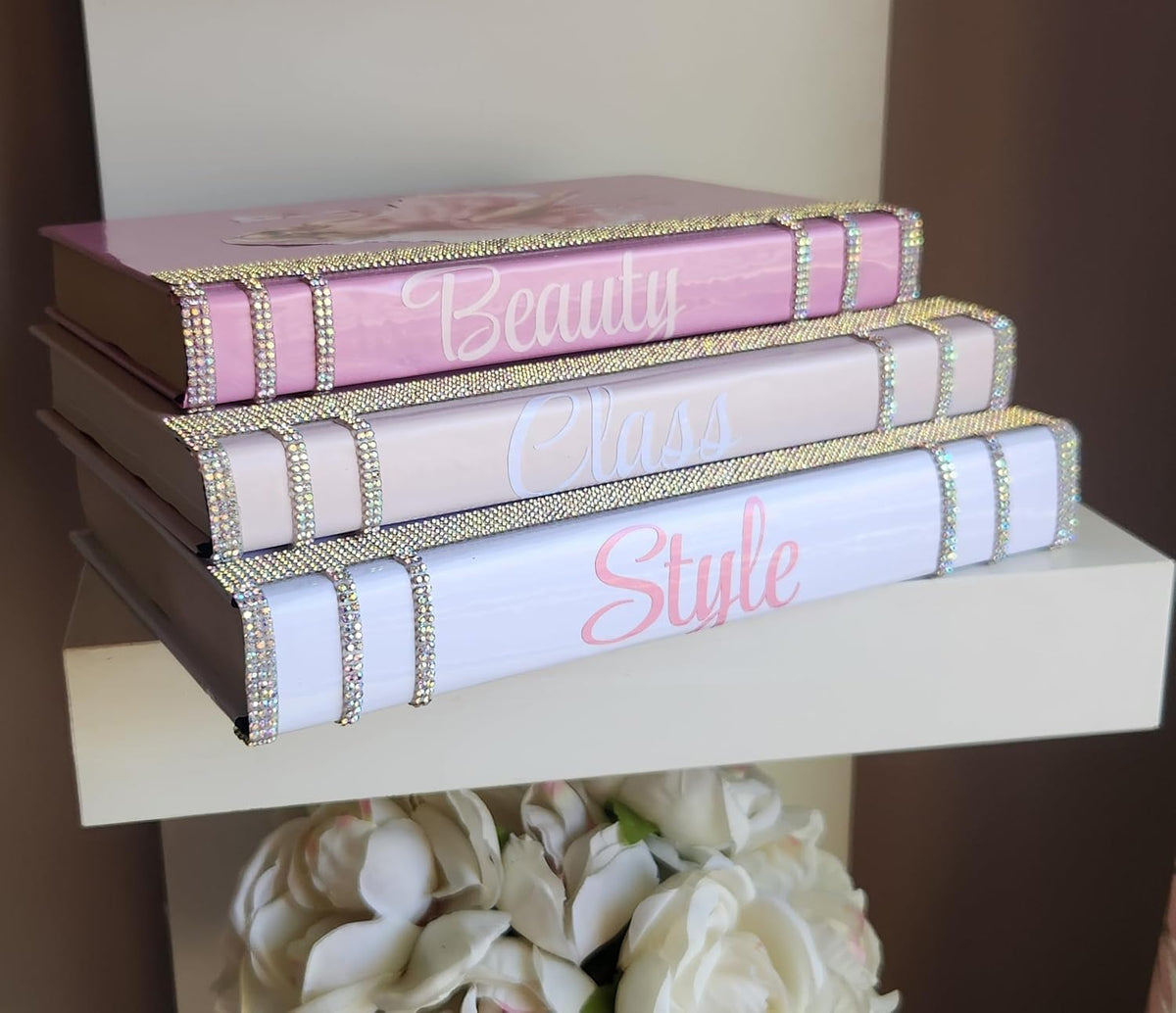 Coffee Table Book Stack (Set of 3). Glam Book Stack. Light Pink, Pink & White Books. Makeup Room Decor