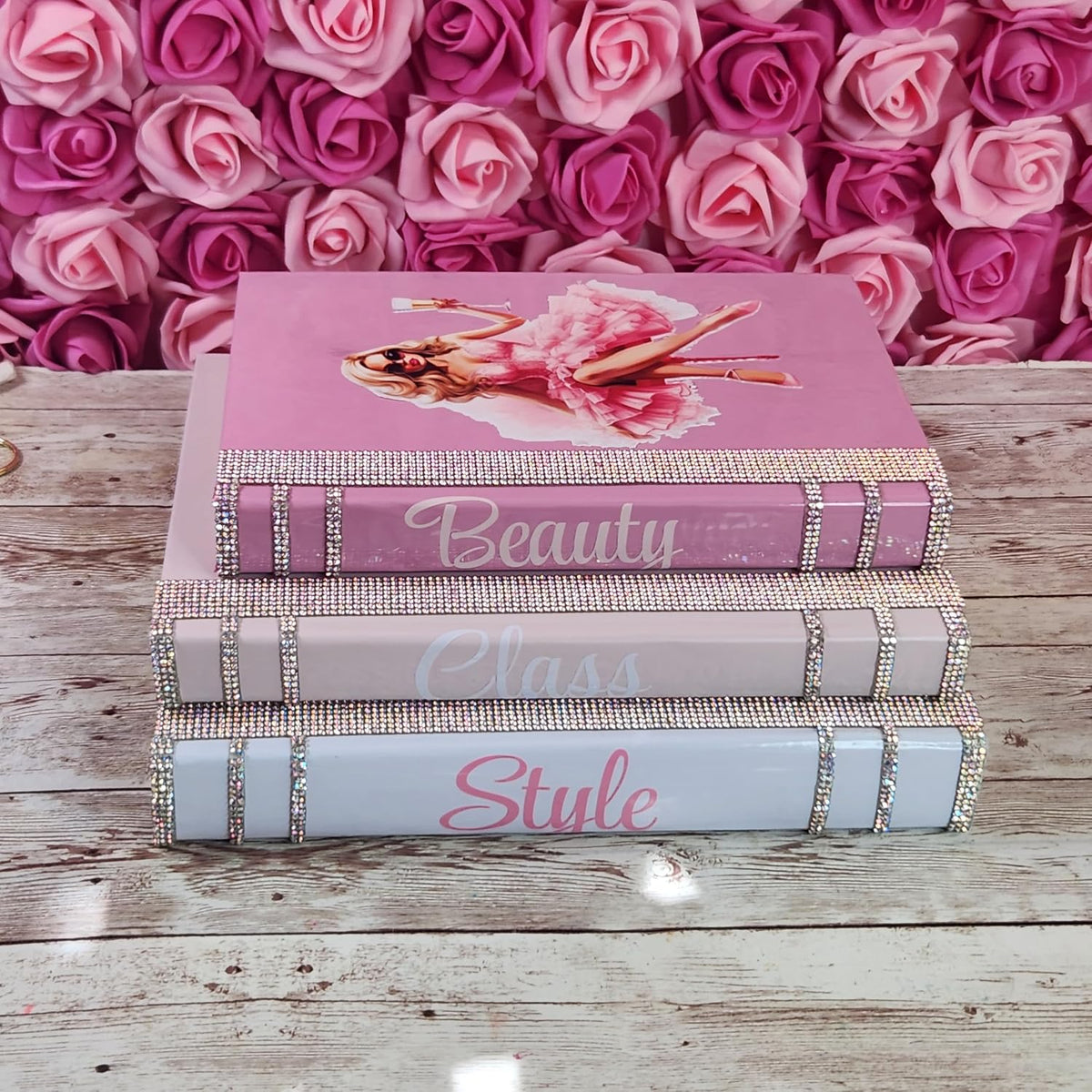 Coffee Table Book Stack (Set of 3). Glam Book Stack. Light Pink, Pink & White Books. Makeup Room Decor