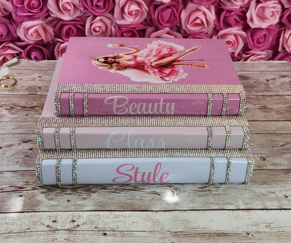 Coffee Table Book Stack (Set of 3). Glam Book Stack. Light Pink, Pink & White Books. Makeup Room Decor