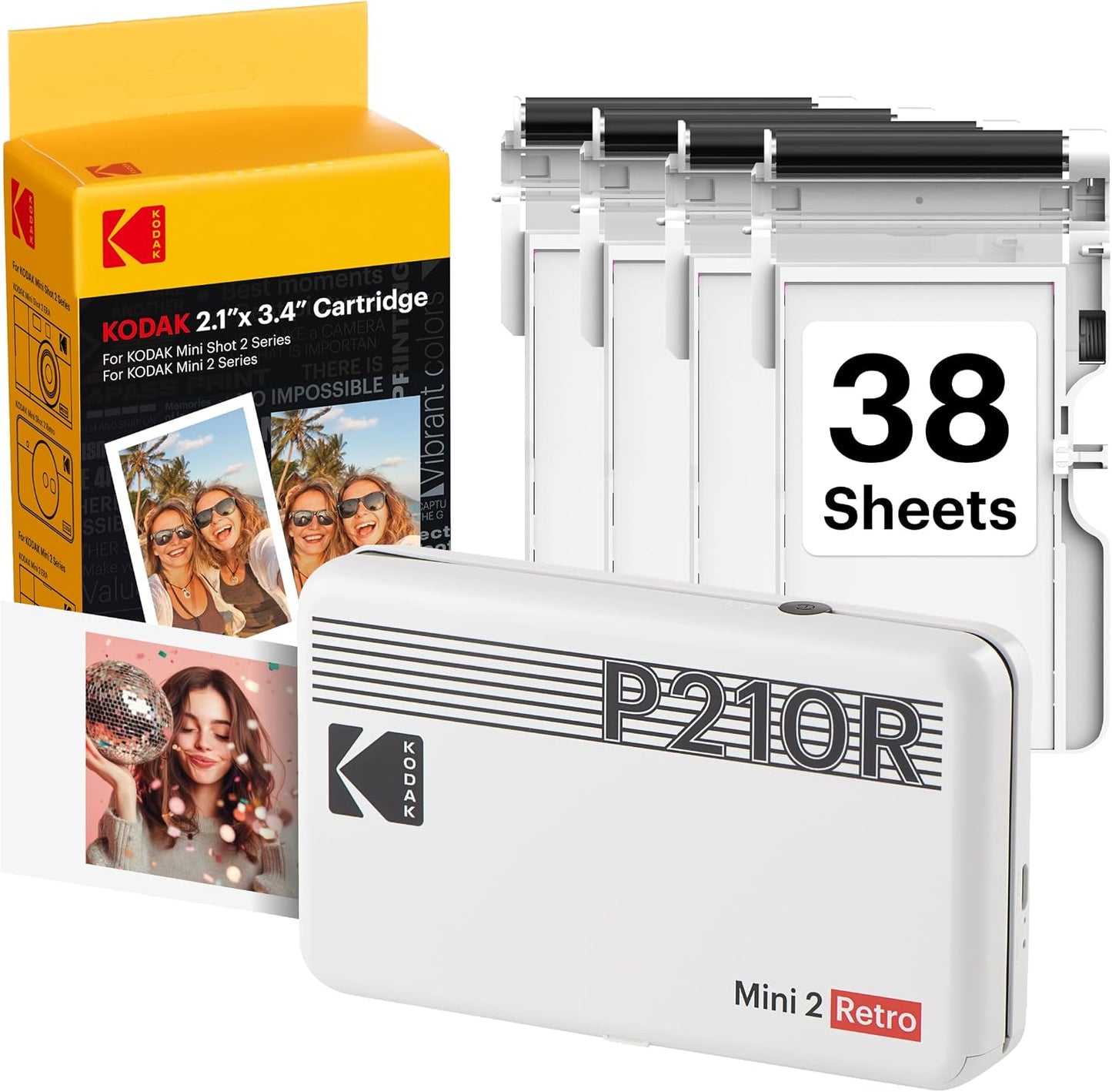 Mini 2 Retro 2x3 Portable Photo Printer, 4PASS, 38 Sheets, White | Bluetooth, iPhone & Android Smartphone Compatible, Smudge-Proof, Water-Resistant, Fade-Resistant