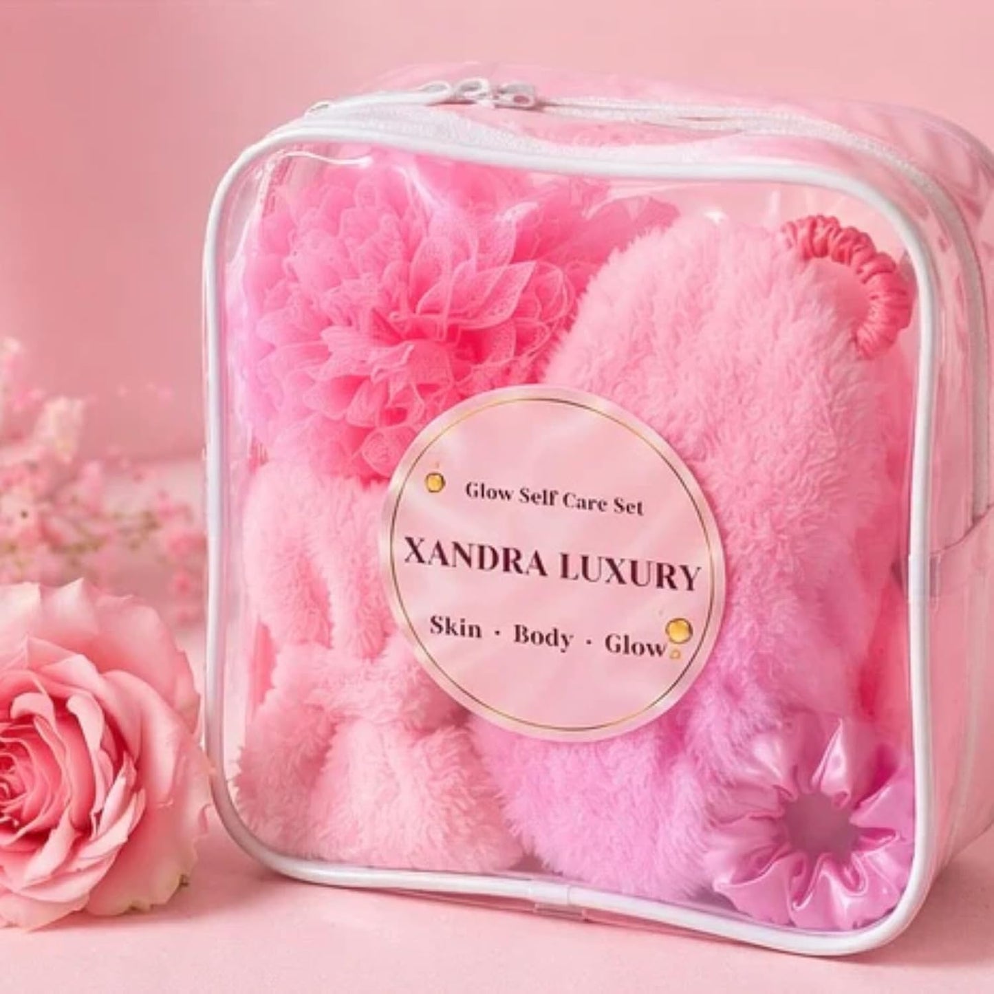 Pink Self Care Spa Gift Set for Women – Soft Girl Aesthetic Skincare Kit with Headband, Scrunchie, Bath Loofah & Cosmetic Bag – Cute Birthday, Teen Girl & Relaxation Gift
