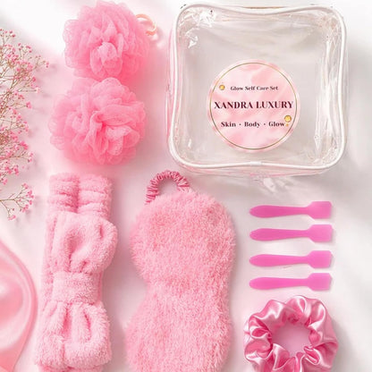 Pink Self Care Spa Gift Set for Women – Soft Girl Aesthetic Skincare Kit with Headband, Scrunchie, Bath Loofah & Cosmetic Bag – Cute Birthday, Teen Girl & Relaxation Gift