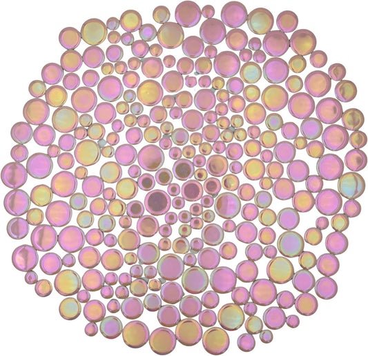 1.1 lbs Iridescent Ceramic Round Mosaic Tiles, 4 Sizes, Multi-Color Glossy Circles for DIY Craft, Backsplash, Home Decor, and Art Projects (Pink)