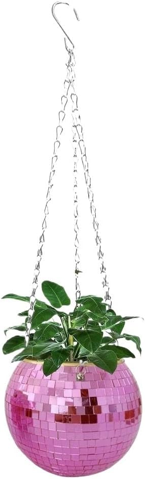 Disco Ball Hanging Flower Pot with Rope Mirror Bohemian Style Planter Hanging Basket for Indoor Plants Garden Decor Vase(Pink,10cm)