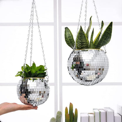 Disco Ball Hanging Flower Pot with Rope Mirror Bohemian Style Planter Hanging Basket for Indoor Plants Garden Decor Vase(Pink,10cm)