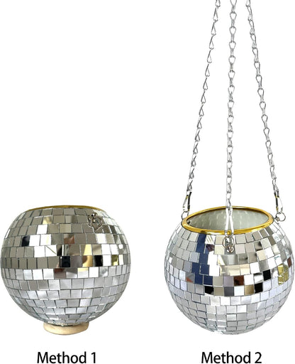 Disco Ball Hanging Flower Pot with Rope Mirror Bohemian Style Planter Hanging Basket for Indoor Plants Garden Decor Vase(Pink,10cm)