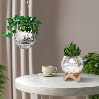 Disco Ball Hanging Flower Pot with Rope Mirror Bohemian Style Planter Hanging Basket for Indoor Plants Garden Decor Vase(Pink,10cm)