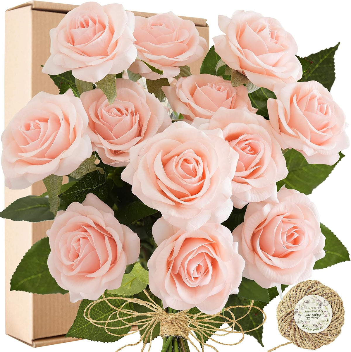Real Touch Peach Pink Artificial Rose Stems, 12 Faux Flower Stems for Vase Arrangements, Soft Color Floral Styling