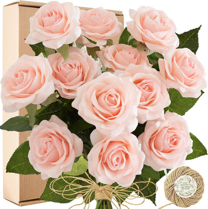 Real Touch Peach Pink Artificial Rose Stems, 12 Faux Flower Stems for Vase Arrangements, Soft Color Floral Styling