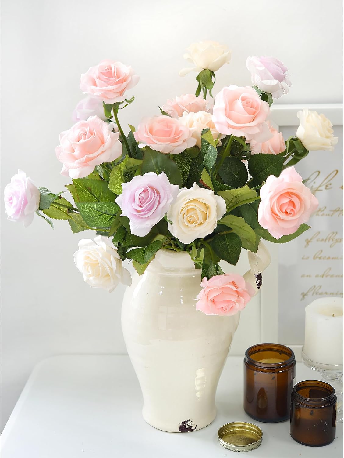 Real Touch Peach Pink Artificial Rose Stems, 12 Faux Flower Stems for Vase Arrangements, Soft Color Floral Styling