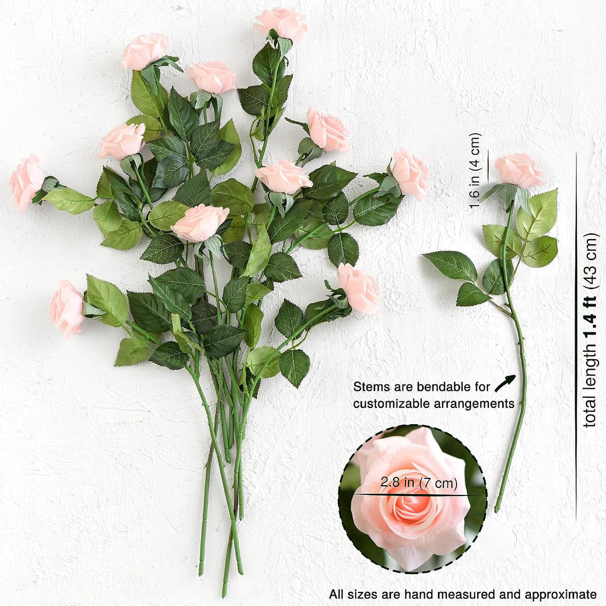 Real Touch Peach Pink Artificial Rose Stems, 12 Faux Flower Stems for Vase Arrangements, Soft Color Floral Styling