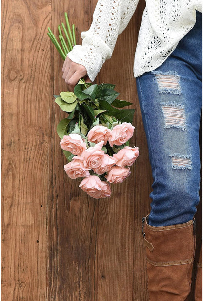 Real Touch Peach Pink Artificial Rose Stems, 12 Faux Flower Stems for Vase Arrangements, Soft Color Floral Styling