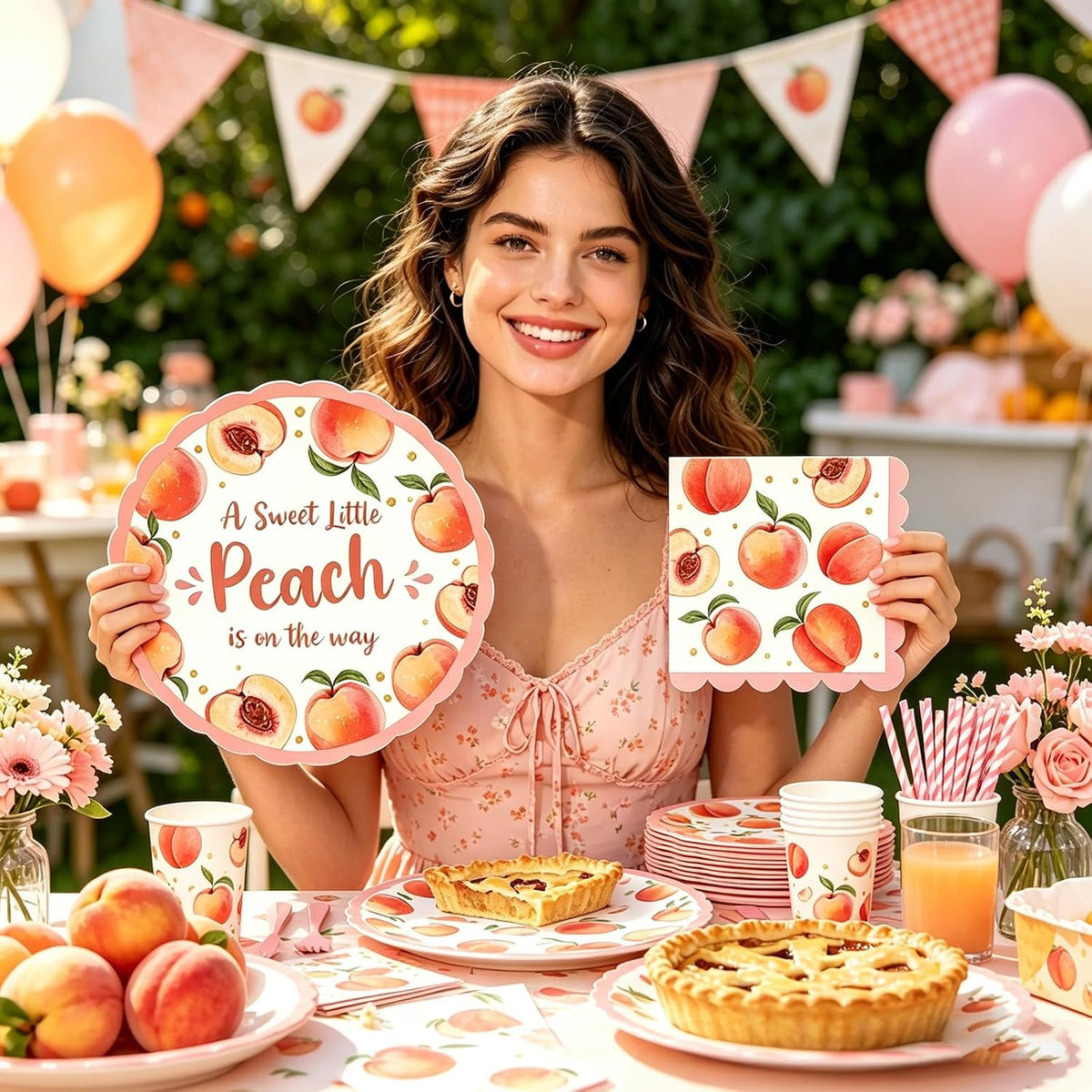 Peach Baby Shower Decorations, A Sweet Little Peach Is on the Way Party Supplies with Backdrop, Balloon Garland, Boxes, Tableware Set for Girls Summer Themed Party