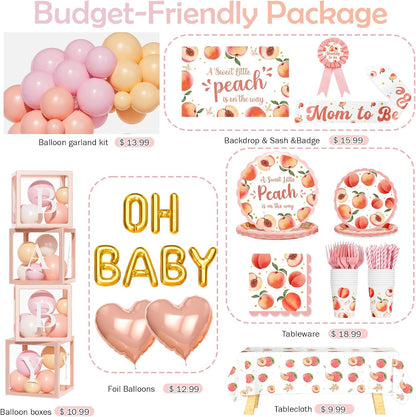 Peach Baby Shower Decorations, A Sweet Little Peach Is on the Way Party Supplies with Backdrop, Balloon Garland, Boxes, Tableware Set for Girls Summer Themed Party