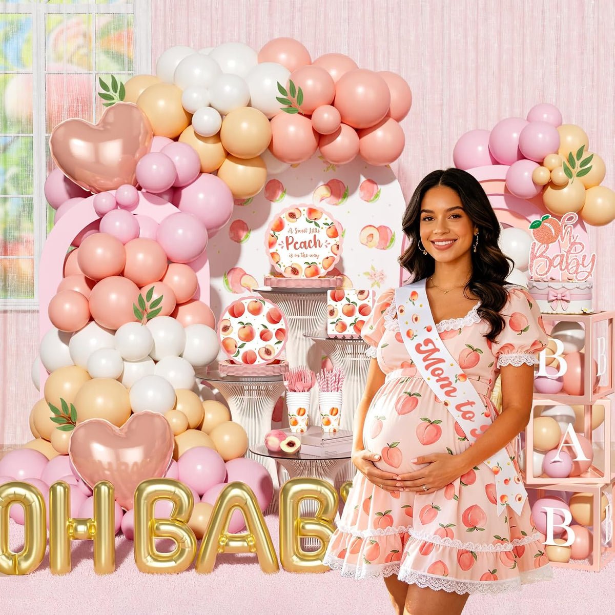 Peach Baby Shower Decorations, A Sweet Little Peach Is on the Way Party Supplies with Backdrop, Balloon Garland, Boxes, Tableware Set for Girls Summer Themed Party