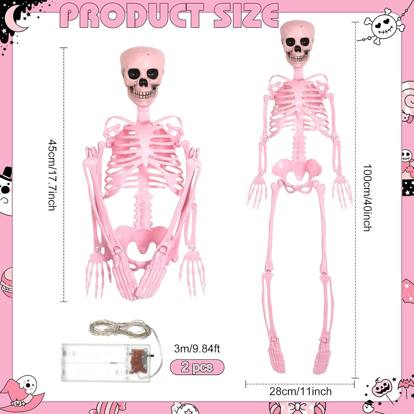 1 Pcs 40" Pink Skeleton Halloween Decoration LED Light up Posable