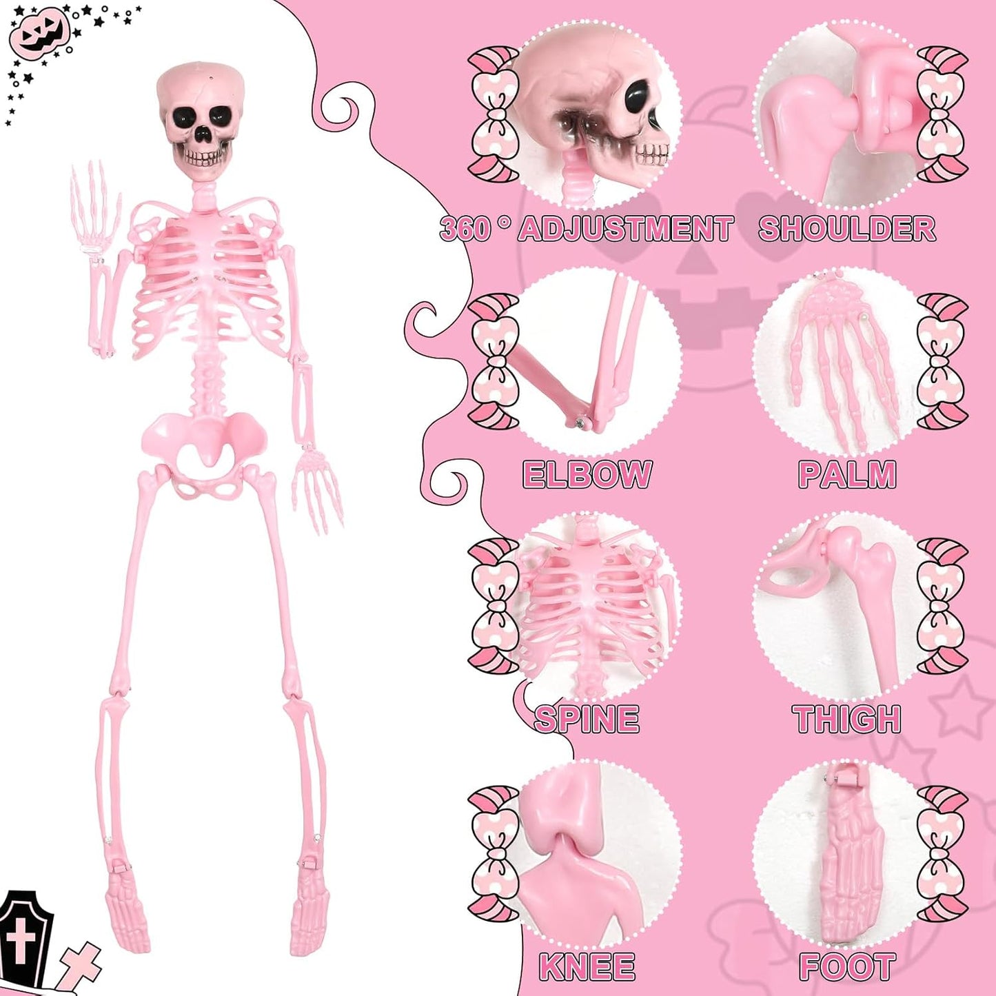 1 Pcs 40" Pink Skeleton Halloween Decoration LED Light up Posable