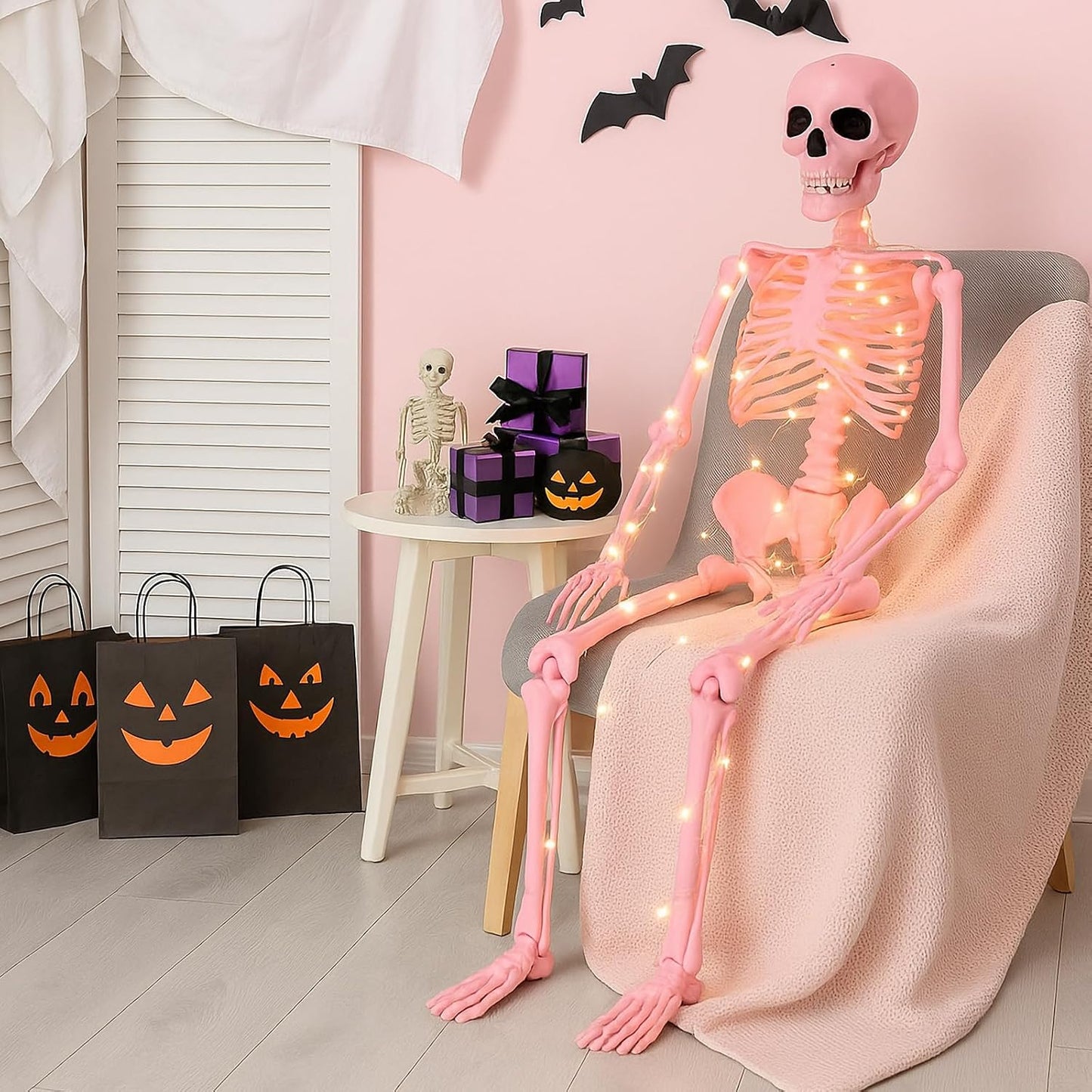 1 Pcs 40" Pink Skeleton Halloween Decoration LED Light up Posable