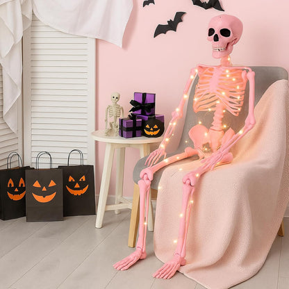 1 Pcs 40" Pink Skeleton Halloween Decoration LED Light up Posable