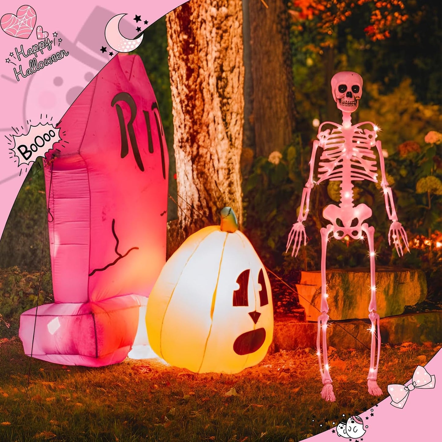 1 Pcs 40" Pink Skeleton Halloween Decoration LED Light up Posable
