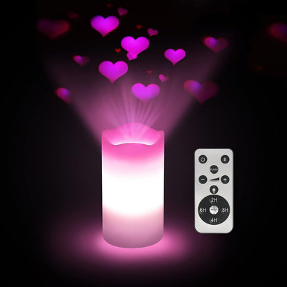 Valentines Day Decorations Flameless Candles with Romantic Pink Heart Projector Lights Battery Operated LED Candle with Remote and Timer
