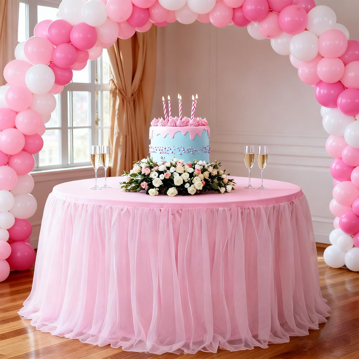 1Pack 60-Inch Pink 2-in-1 Tulle Table Skirt for 5-Foot Round Table