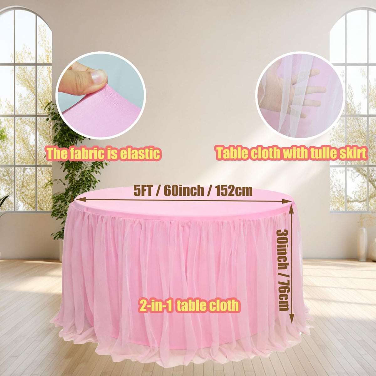 1Pack 60-Inch Pink 2-in-1 Tulle Table Skirt for 5-Foot Round Table