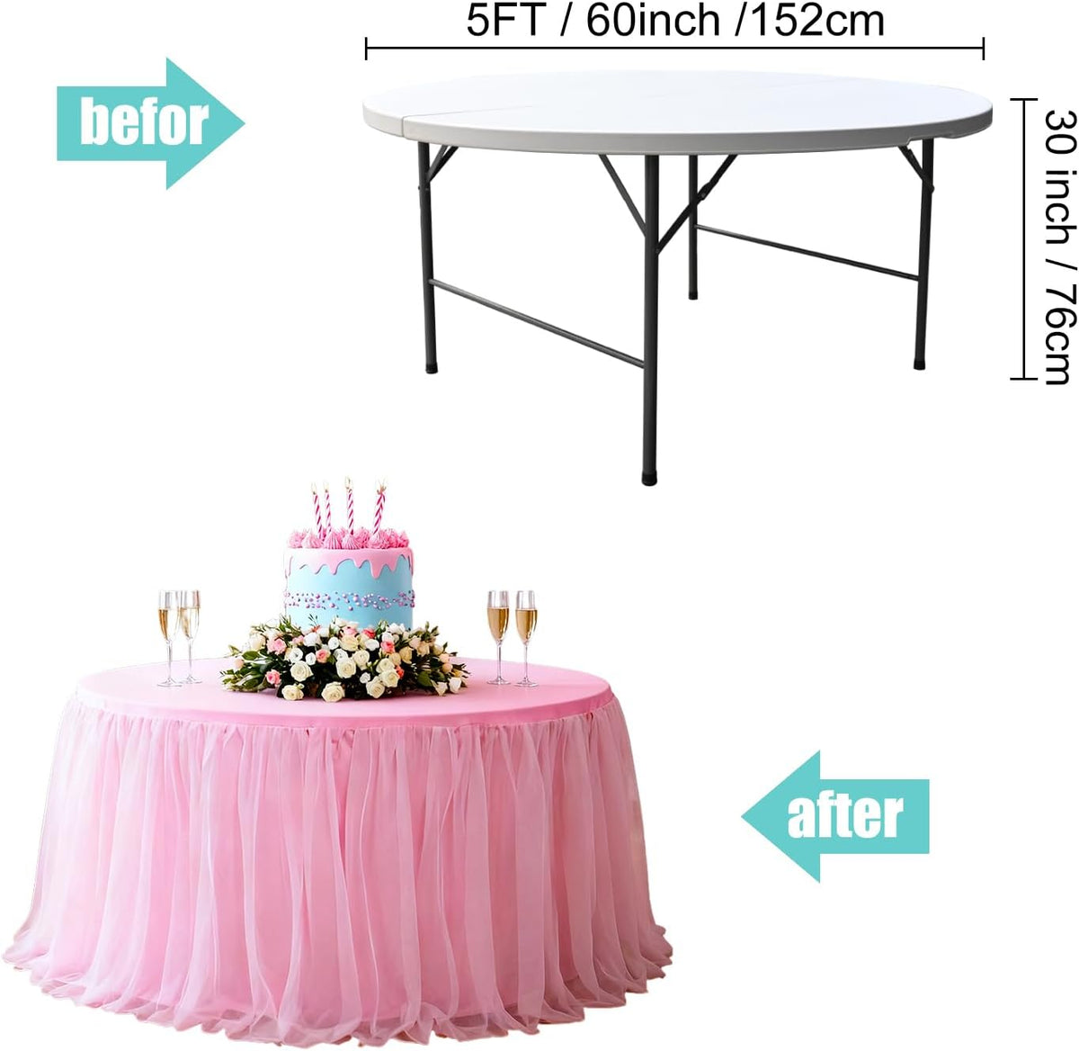 1Pack 60-Inch Pink 2-in-1 Tulle Table Skirt for 5-Foot Round Table