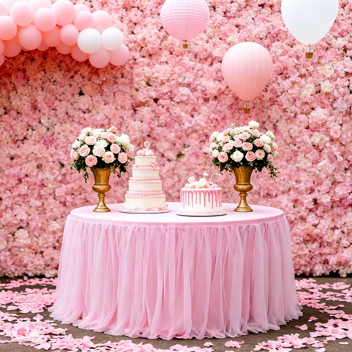1Pack 60-Inch Pink 2-in-1 Tulle Table Skirt for 5-Foot Round Table