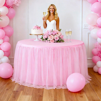 1Pack 60-Inch Pink 2-in-1 Tulle Table Skirt for 5-Foot Round Table
