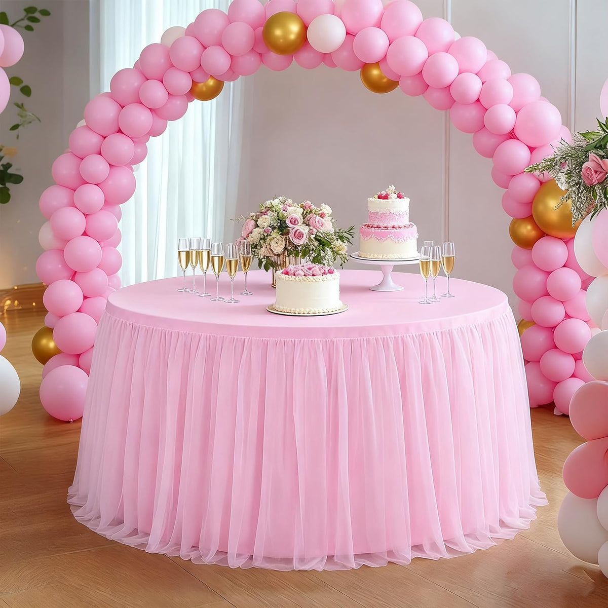 1Pack 60-Inch Pink 2-in-1 Tulle Table Skirt for 5-Foot Round Table