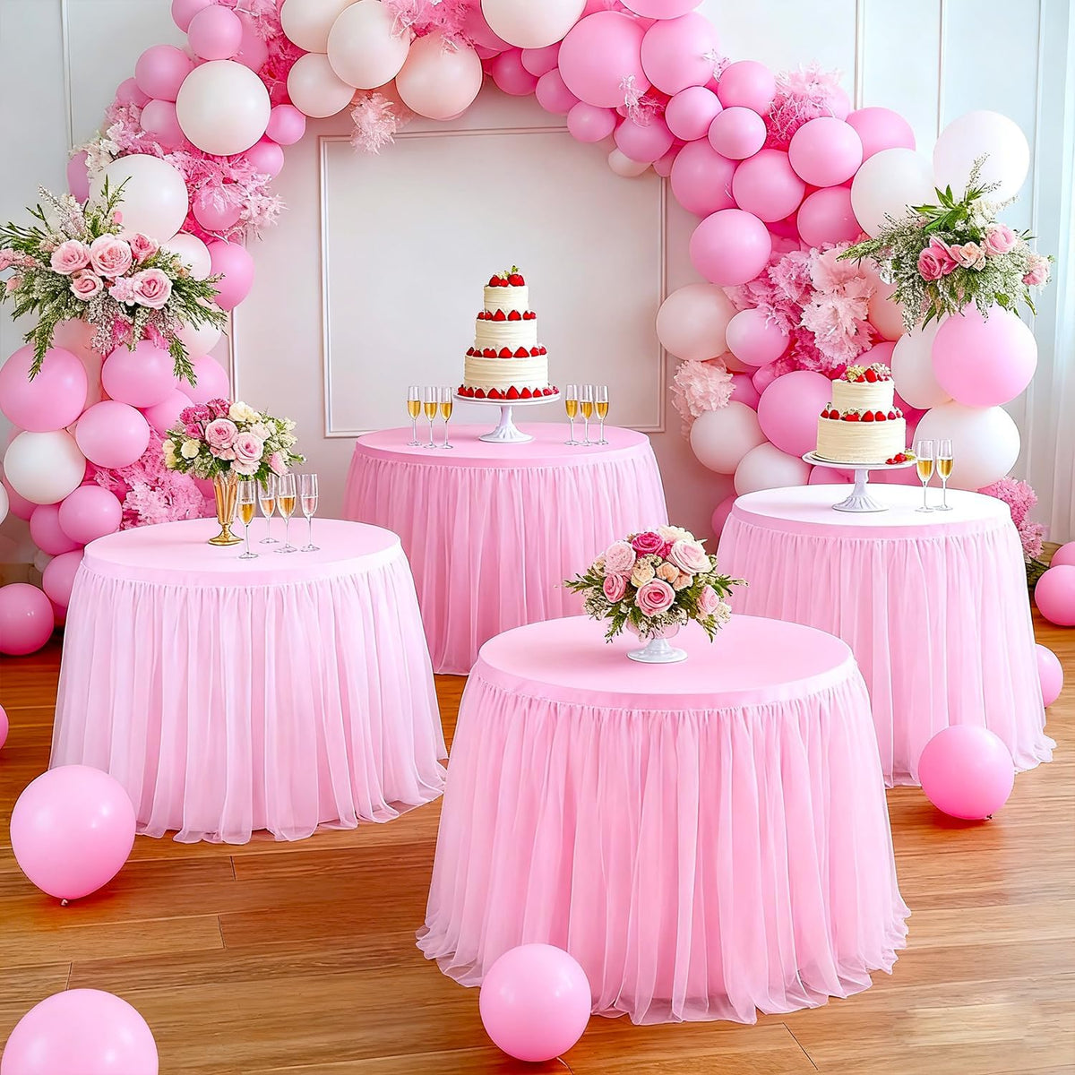 1Pack 60-Inch Pink 2-in-1 Tulle Table Skirt for 5-Foot Round Table