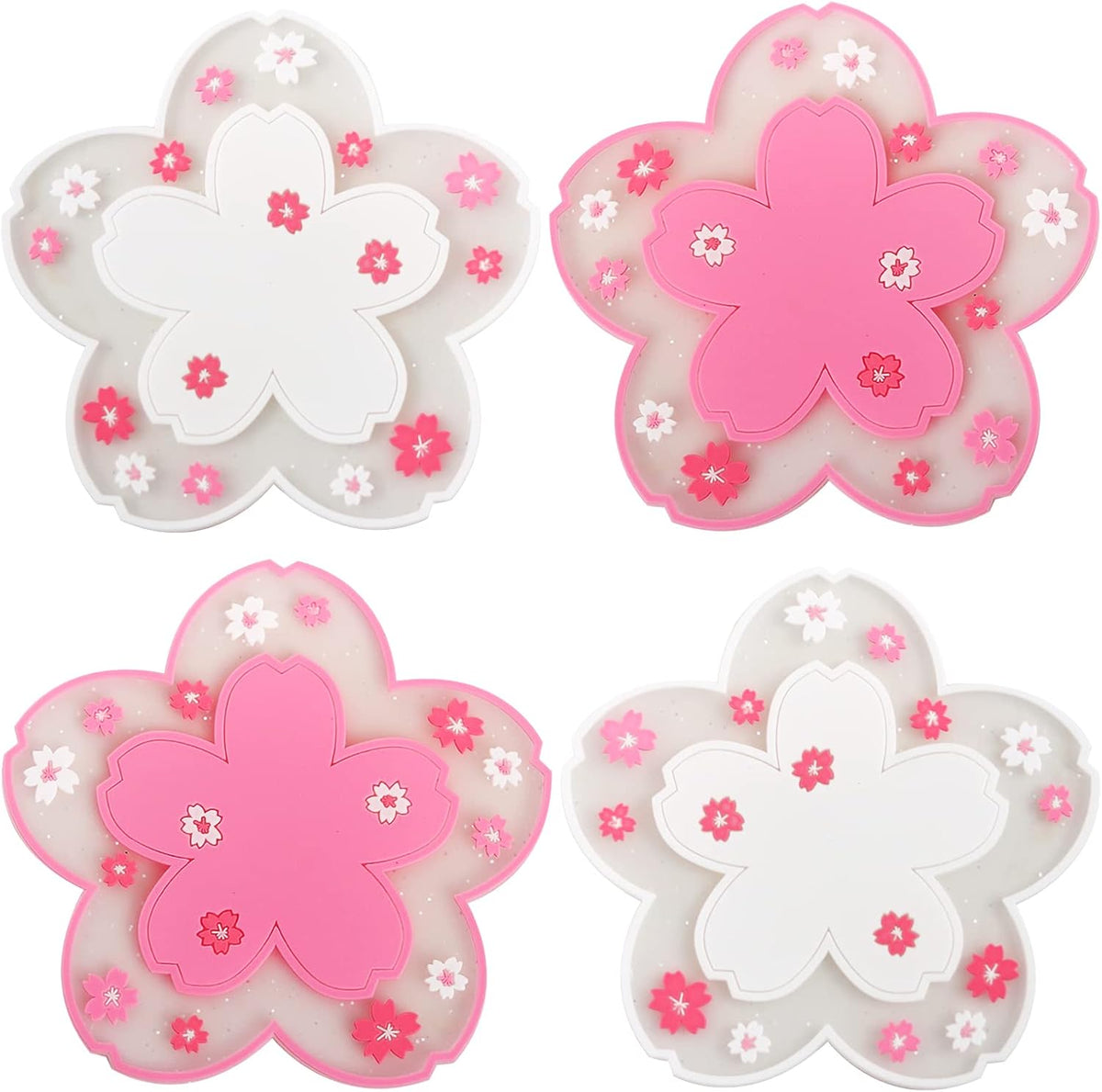 Coasters for Drinks Set of 4 Silicon Cup Coasters Cute Pink Cup Mats Cherry Blossom Coaster, Table Cup Mat for Drinks, Coffee, Tea (4.5in)