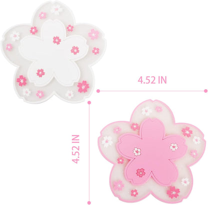 Coasters for Drinks Set of 4 Silicon Cup Coasters Cute Pink Cup Mats Cherry Blossom Coaster, Table Cup Mat for Drinks, Coffee, Tea (4.5in)