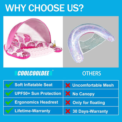 COOLCOOLDEE Pool Float with Canopy, Cup Holder - XL Pool Chair Lounge Float with Adjustable Sun Shade Cover, Drink Holder, Ergonomic Headrest,Inflatable Pool Float for Adults