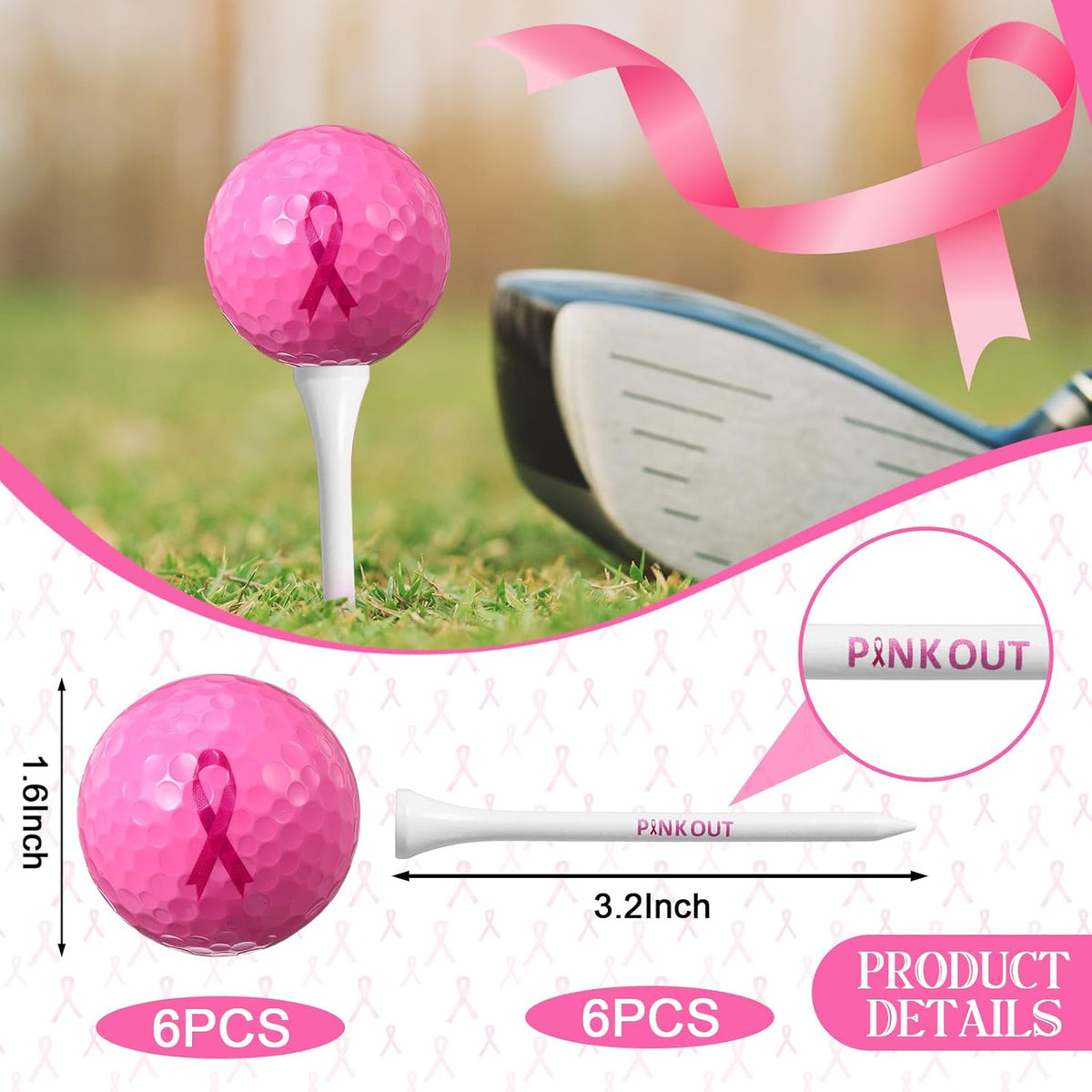 6 Pcs Pink Out Golf Balls and 6 Golf Tees with Pink Ribbon Scarf 3-1/4 Inch Breast Cancer Awareness Gift Set for Women Golfers Charity Event Fundraiser Sports Outdoor Practice