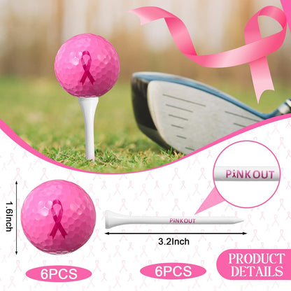 6 Pcs Pink Out Golf Balls and 6 Golf Tees with Pink Ribbon Scarf 3-1/4 Inch Breast Cancer Awareness Gift Set for Women Golfers Charity Event Fundraiser Sports Outdoor Practice